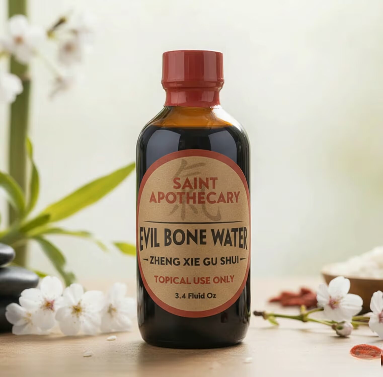 Evil Bone Water bottle with Saint Apothecary label